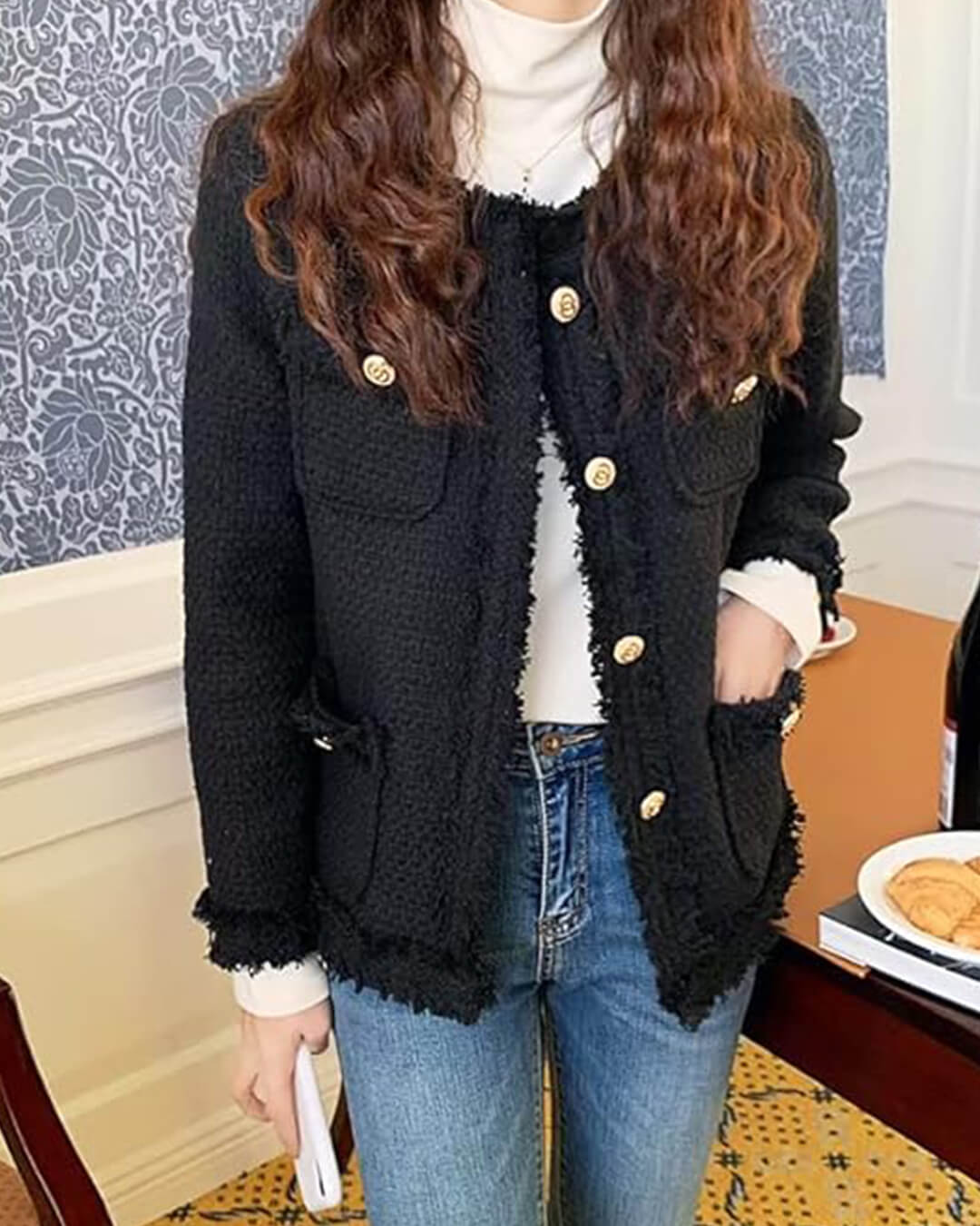 Elegante Tweed Blazer Dames met Zakken en Gouden Knopen