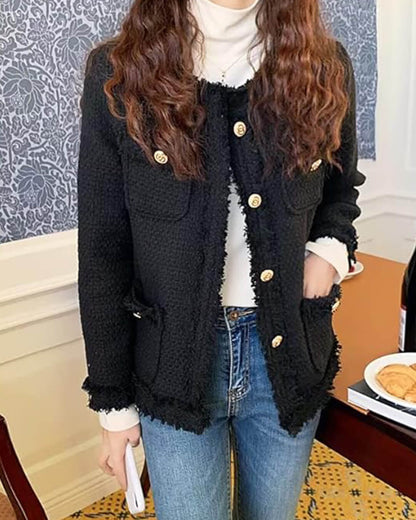 Elegante Tweed Blazer Dames met Zakken en Gouden Knopen