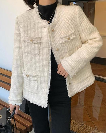 Elegante Tweed Blazer Dames met Zakken en Gouden Knopen