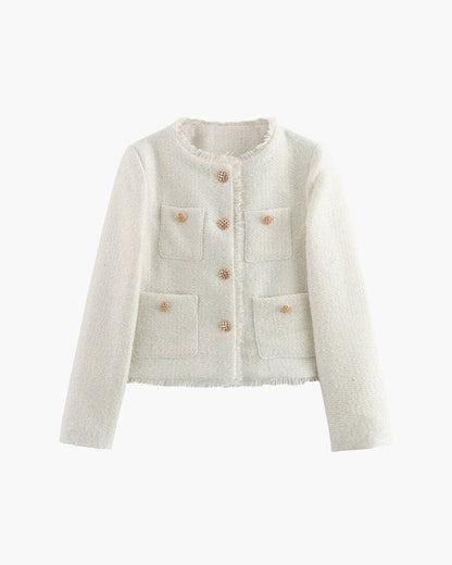 Elegante Tweed Blazer Dames met Zakken en Gouden Knopen