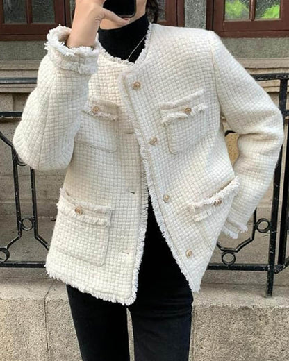 Elegante Tweed Blazer Dames met Zakken en Gouden Knopen