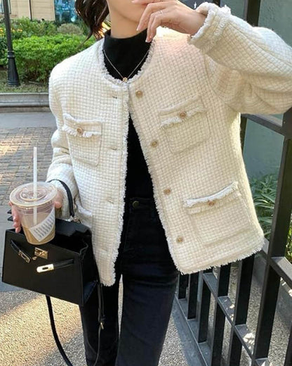 Elegante Tweed Blazer Dames met Zakken en Gouden Knopen