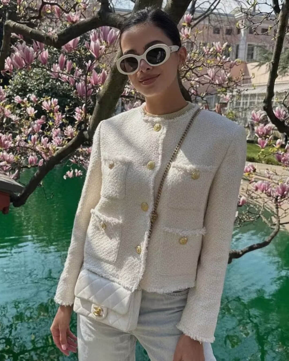 Elegante Tweed Blazer Dames met Zakken en Gouden Knopen
