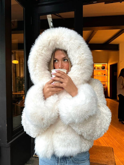 Witte Korte Fleece Winterjas Dames met Grote Capuchon