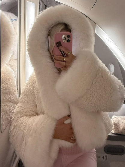Witte Korte Fleece Winterjas Dames met Grote Capuchon