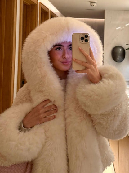 Witte Korte Fleece Winterjas Dames met Grote Capuchon