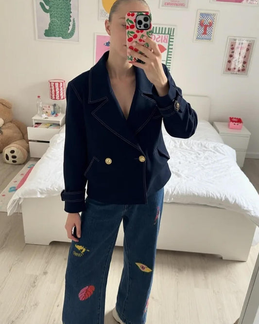 Blauw Elegante Blazer Dames Kort Model met Gouden Knopen en Zakken