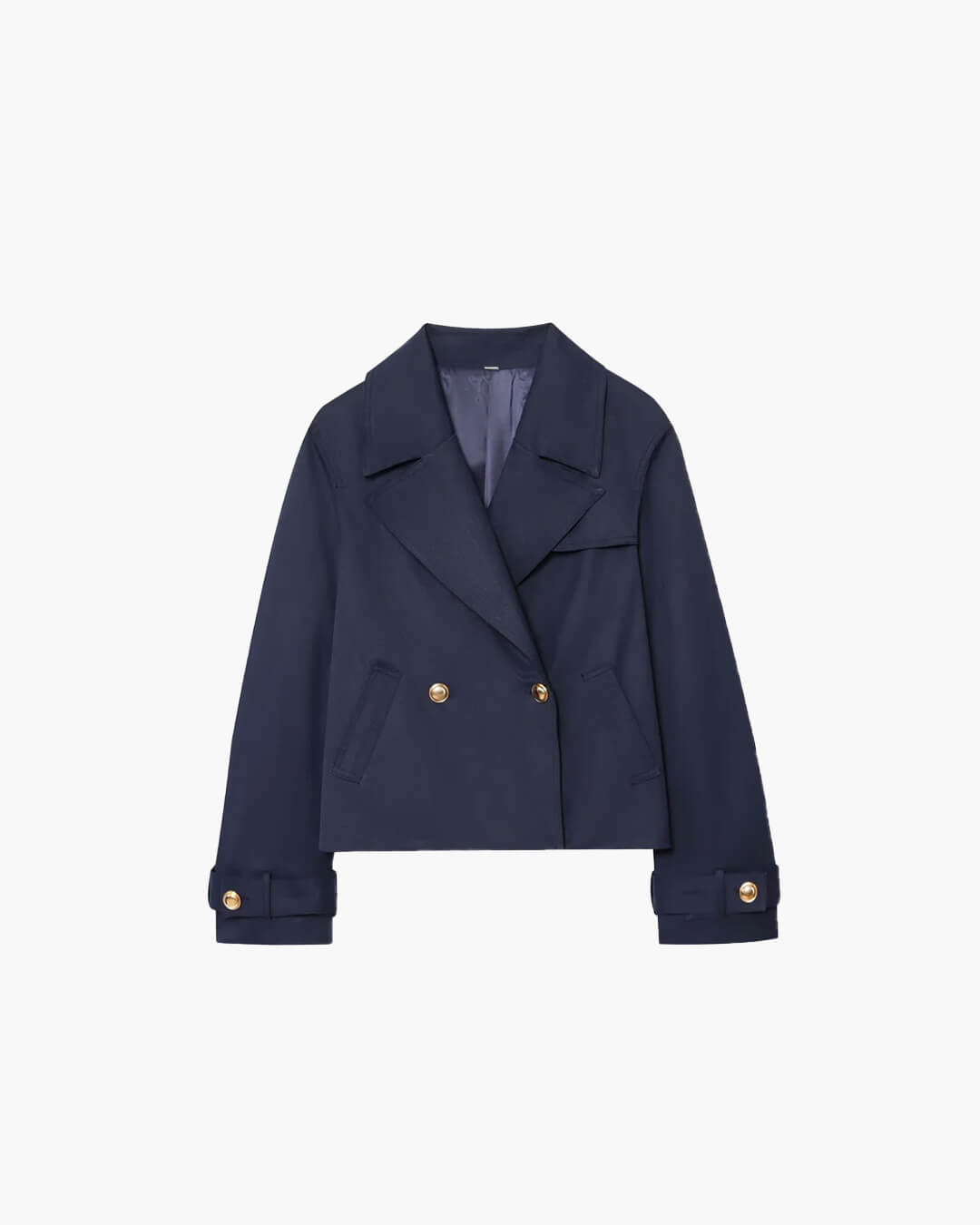 Blauw Elegante Blazer Dames Kort Model met Gouden Knopen en Zakken