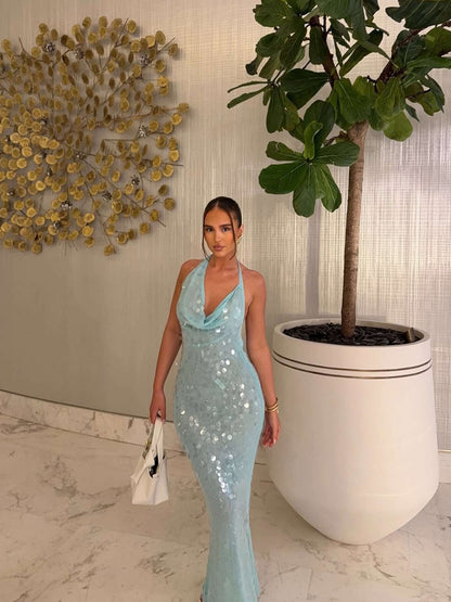 Blauw Glitter Maxi Gala Jurk met Halternek en Watervalhals