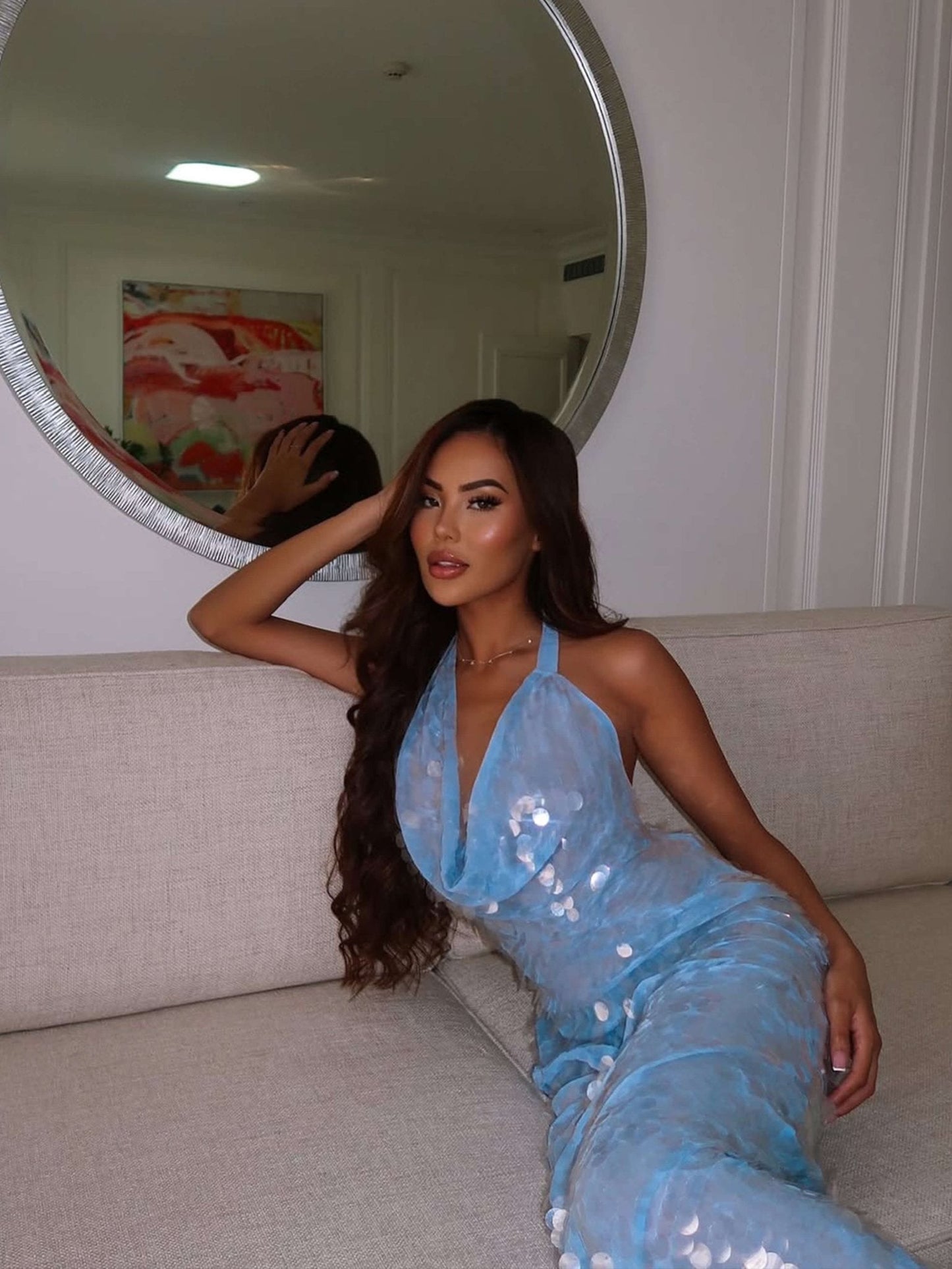 Blauw Glitter Maxi Gala Jurk met Halternek en Watervalhals