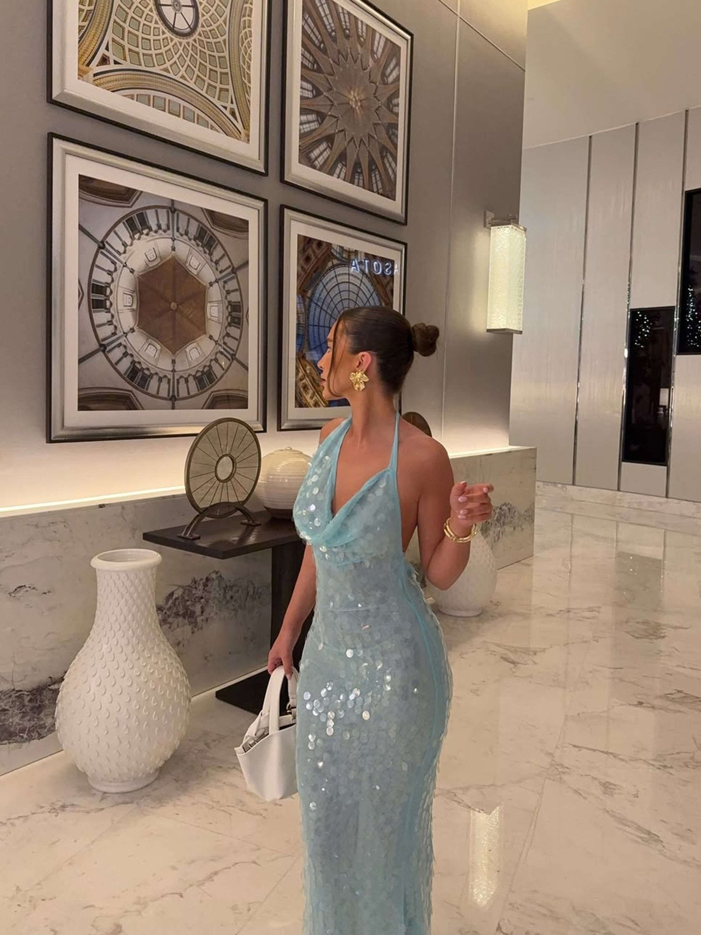 Blauw Glitter Maxi Gala Jurk met Halternek en Watervalhals
