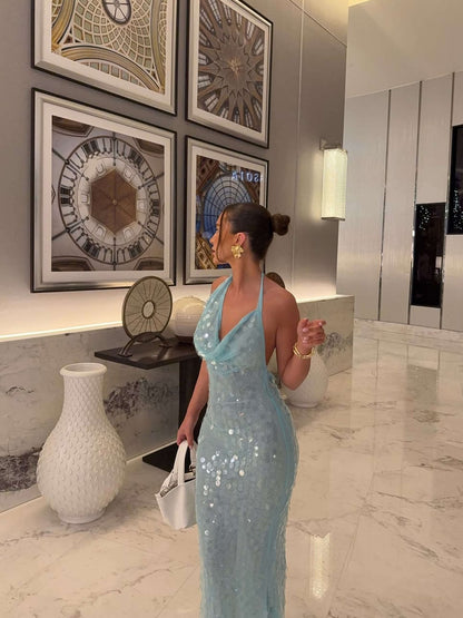 Blauw Glitter Maxi Gala Jurk met Halternek en Watervalhals