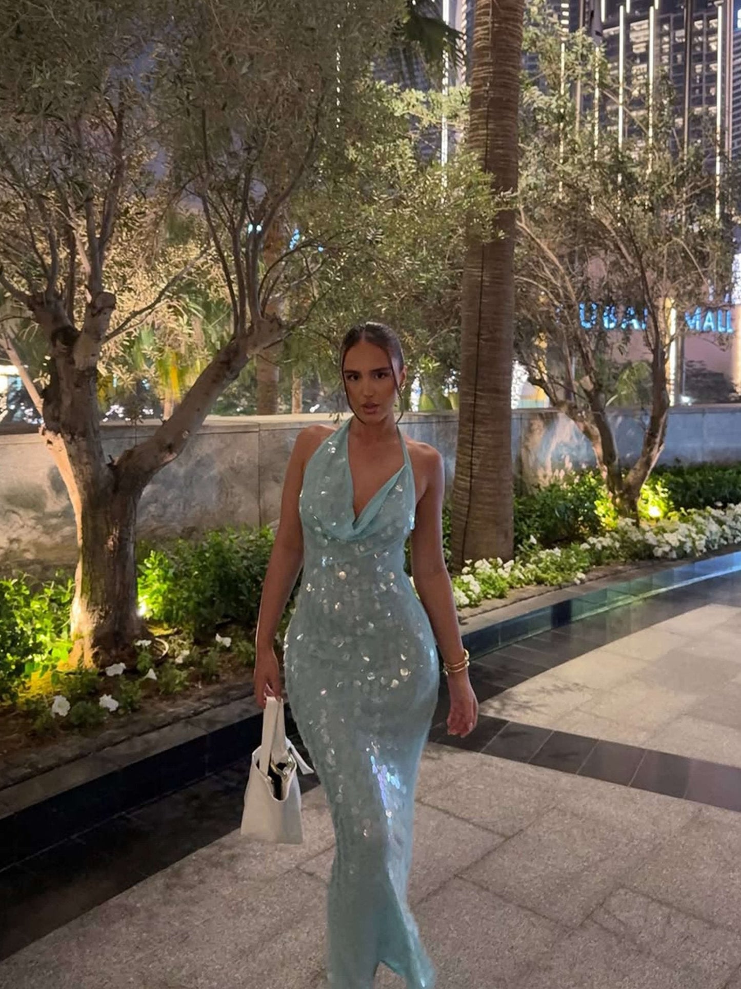 Blauw Glitter Maxi Gala Jurk met Halternek en Watervalhals
