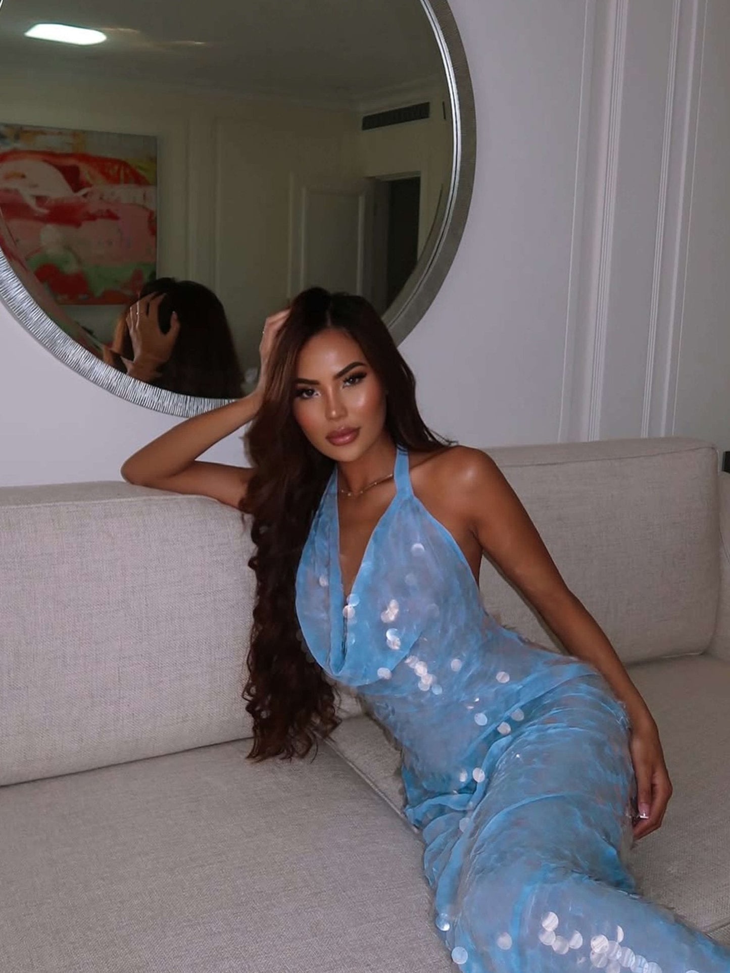 Blauw Glitter Maxi Gala Jurk met Halternek en Watervalhals