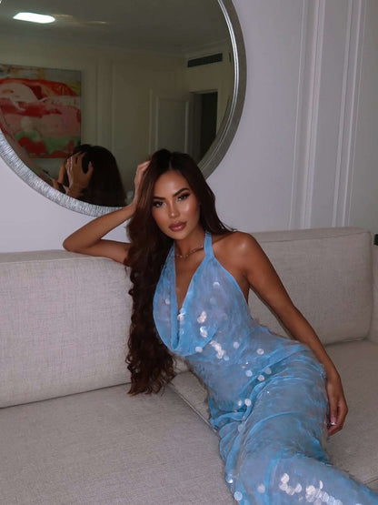 Blauw Glitter Maxi Gala Jurk met Halternek en Watervalhals