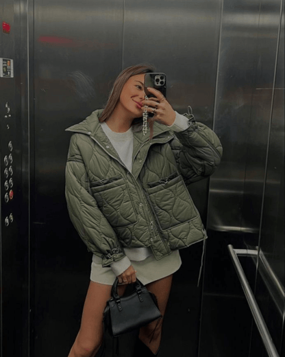 Puffer Winterjas Dames Gewatteerde Korte Jas met Hoge Kraag en Steekzakken