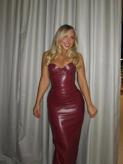 Vrouwen Strapless Leerlook Midi Jurk Bodycon Avondjurk
