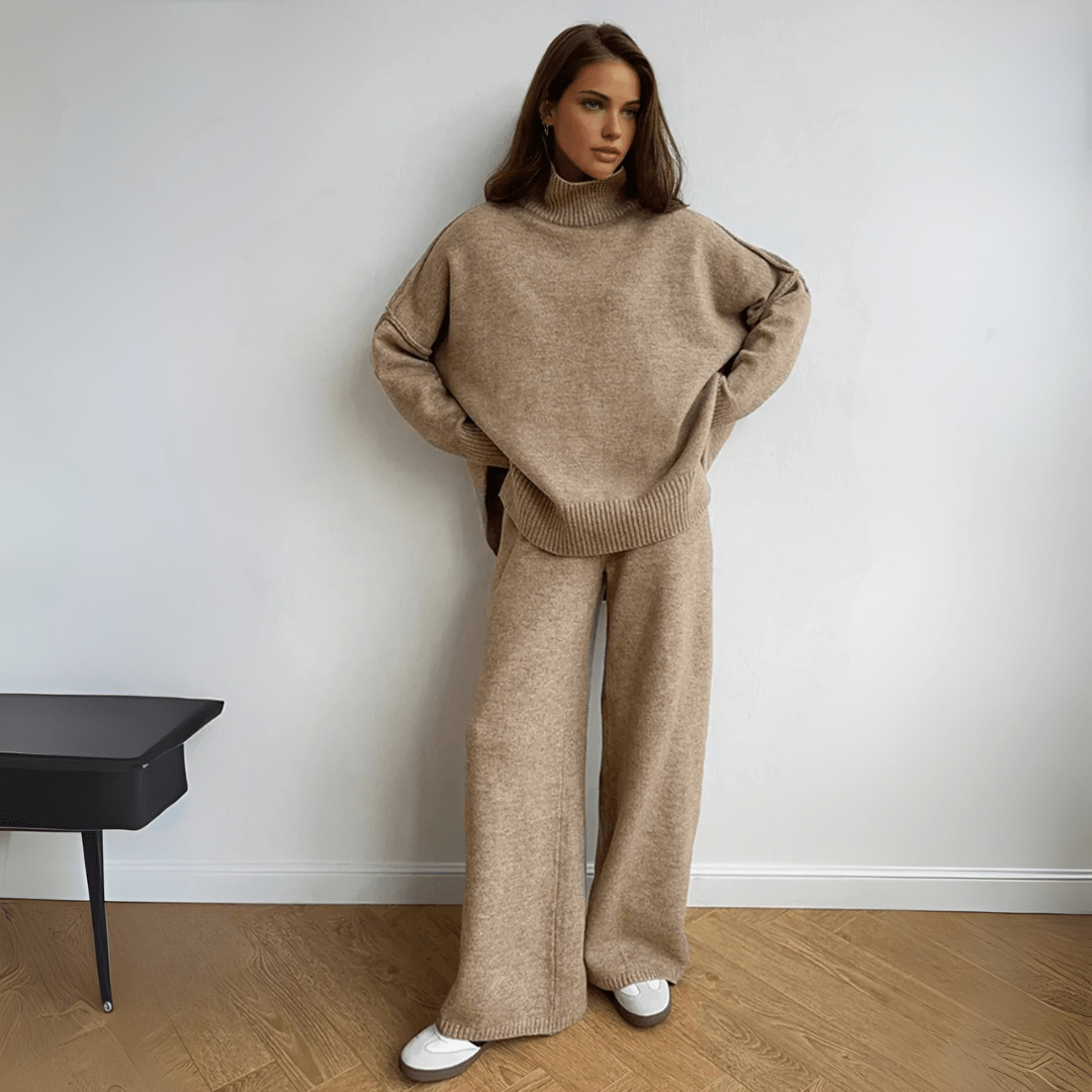 Warme Oversized Gebreide Dames Loungewear Set met Coltrui en Wijde Broek