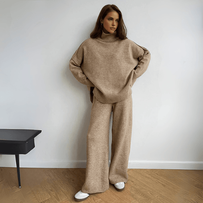 Warme Oversized Gebreide Dames Loungewear Set met Coltrui en Wijde Broek