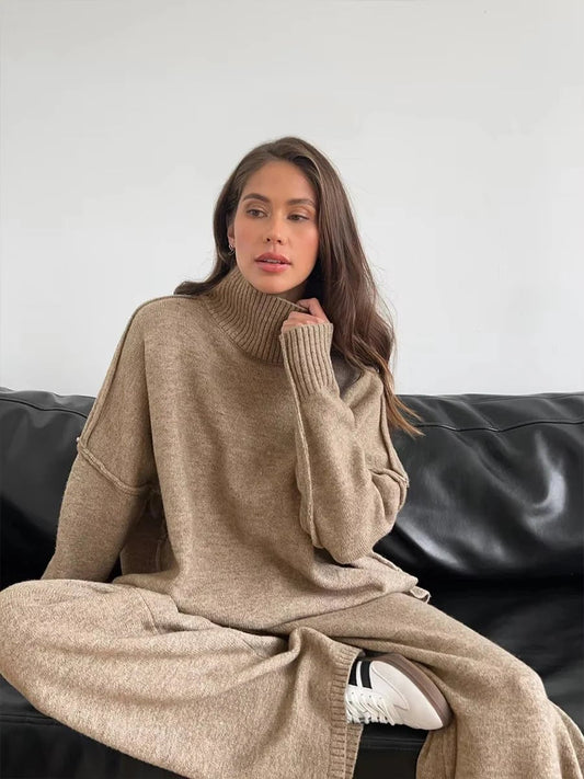 Warme Oversized Gebreide Dames Loungewear Set met Coltrui en Wijde Broek