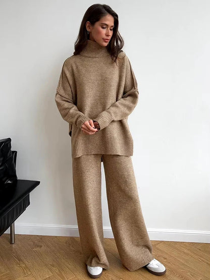 Warme Oversized Gebreide Dames Loungewear Set met Coltrui en Wijde Broek