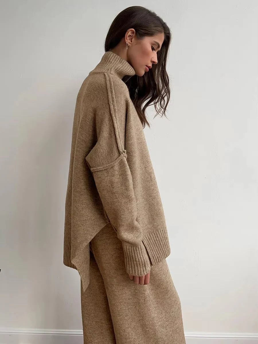 Warme Oversized Gebreide Dames Loungewear Set met Coltrui en Wijde Broek