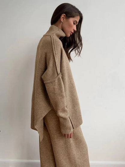 Warme Oversized Gebreide Dames Loungewear Set met Coltrui en Wijde Broek