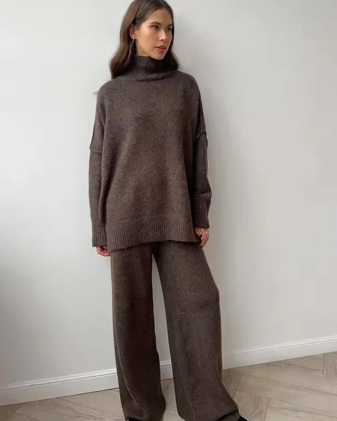 Warme Oversized Gebreide Dames Loungewear Set met Coltrui en Wijde Broek
