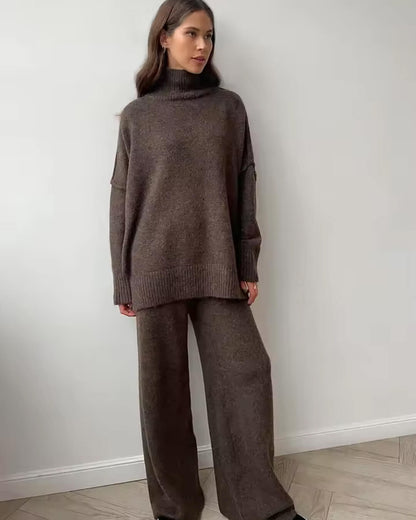 Warme Oversized Gebreide Dames Loungewear Set met Coltrui en Wijde Broek