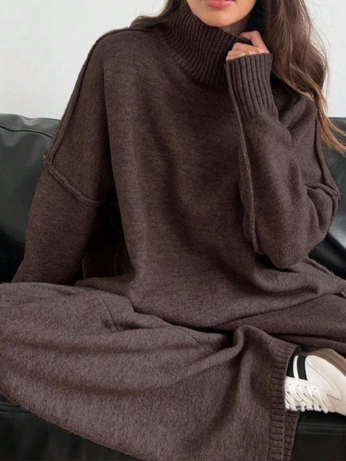 Warme Oversized Gebreide Dames Loungewear Set met Coltrui en Wijde Broek