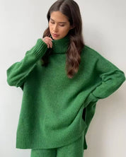 Ensemble loungewear chaud oversize tricoté pour femmes avec col roulé et pantalon large