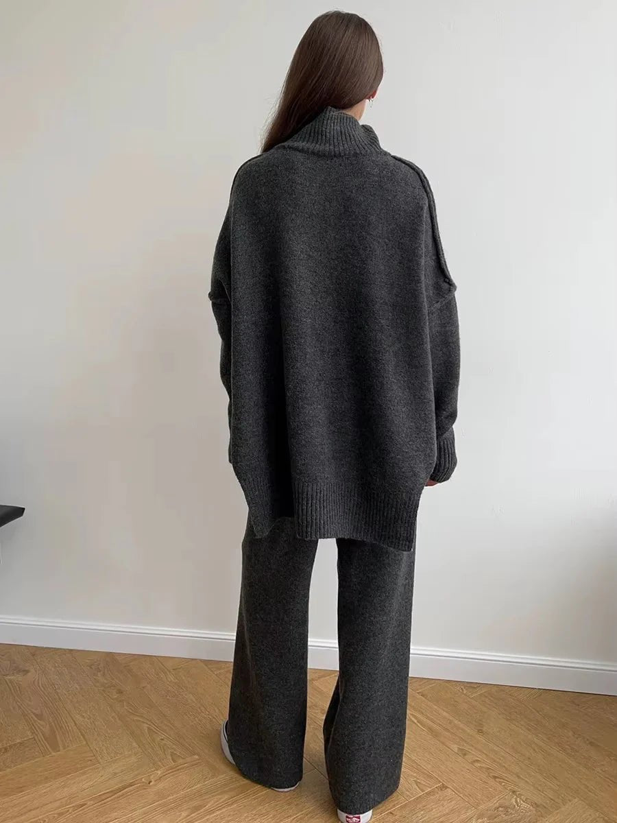 Warme Oversized Gebreide Dames Loungewear Set met Coltrui en Wijde Broek