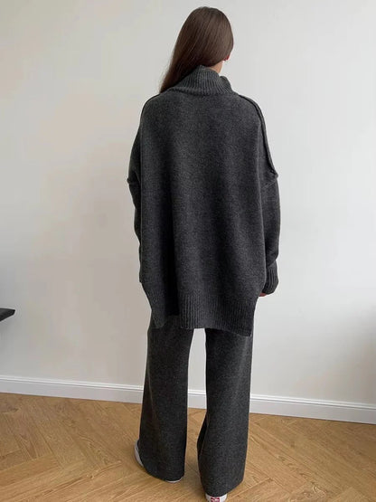 Warme Oversized Gebreide Dames Loungewear Set met Coltrui en Wijde Broek
