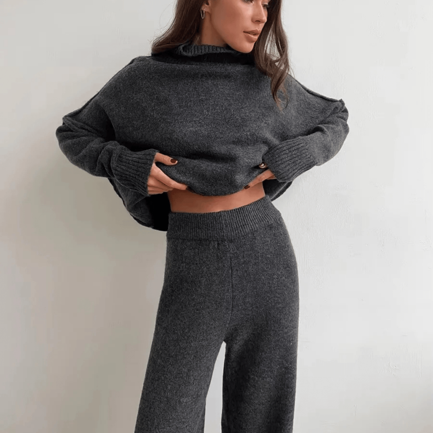 Warme Oversized Gebreide Dames Loungewear Set met Coltrui en Wijde Broek