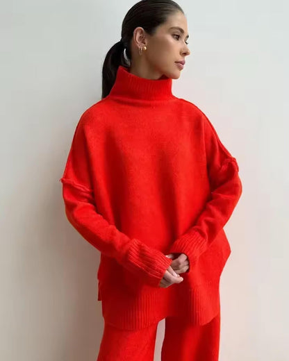 Warme Oversized Gebreide Dames Loungewear Set met Coltrui en Wijde Broek