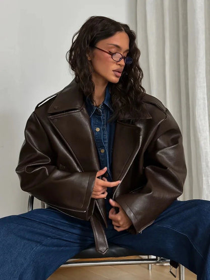 Bruin Leren Jas Dames Kort Klassiek Biker met Ritsen en Riem