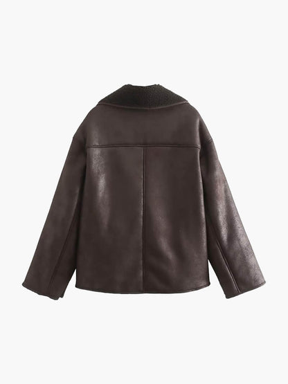 Bruine Oversized Leren Winterjas Dames met Teddyvoering en Knoopsluiting
