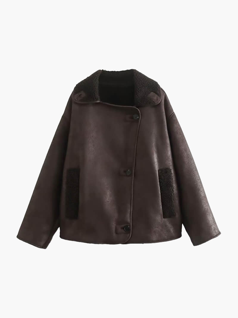 Bruine Oversized Leren Winterjas Dames met Teddyvoering en Knoopsluiting