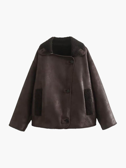 Bruine Oversized Leren Winterjas Dames met Teddyvoering en Knoopsluiting