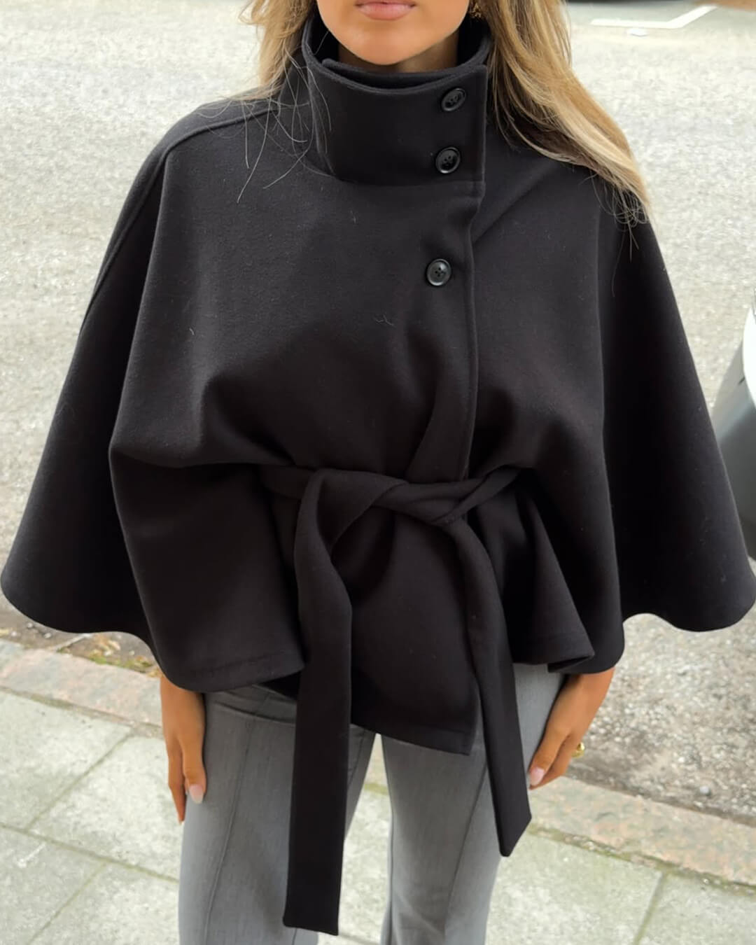 Elegante Mantel Winterjas Dames met Ceintuur en Hoge Kraag