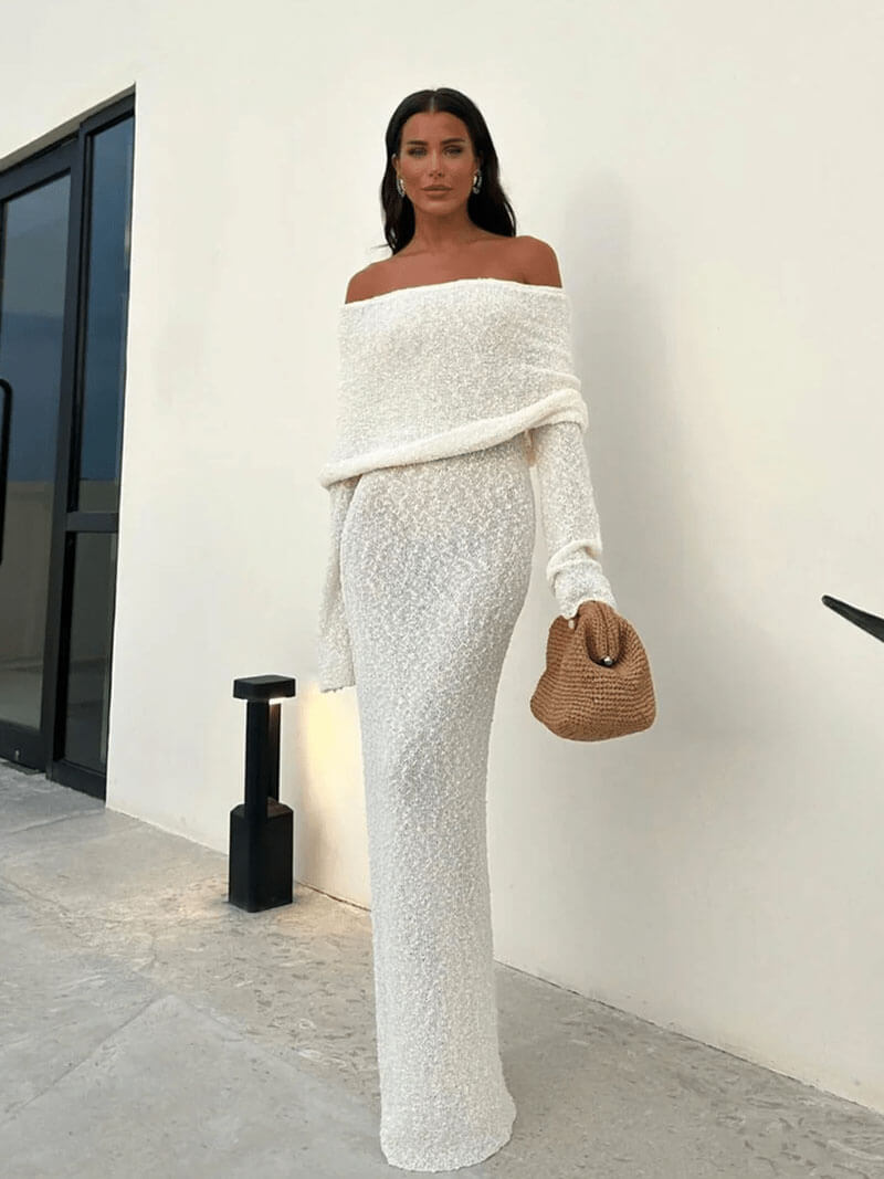 Off Shoulder Maxi Jurk met Lange Mouwen Gebreid