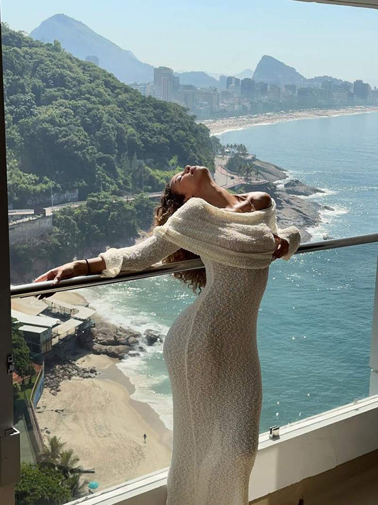 Off Shoulder Maxi Jurk met Lange Mouwen Gebreid