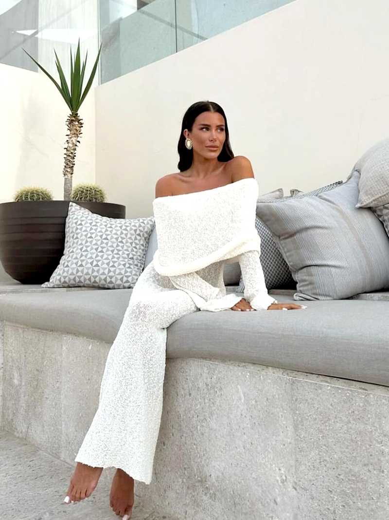 Off Shoulder Maxi Jurk met Lange Mouwen Gebreid