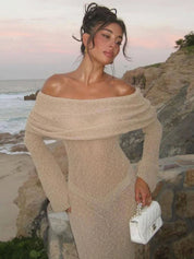 Robe maxi épaules dénudées tricotée à manches longues