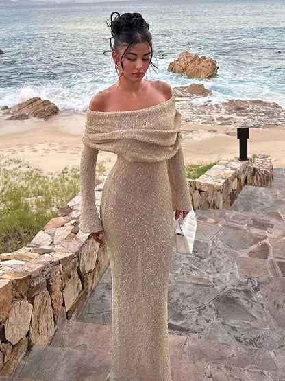 Off Shoulder Maxi Jurk met Lange Mouwen Gebreid