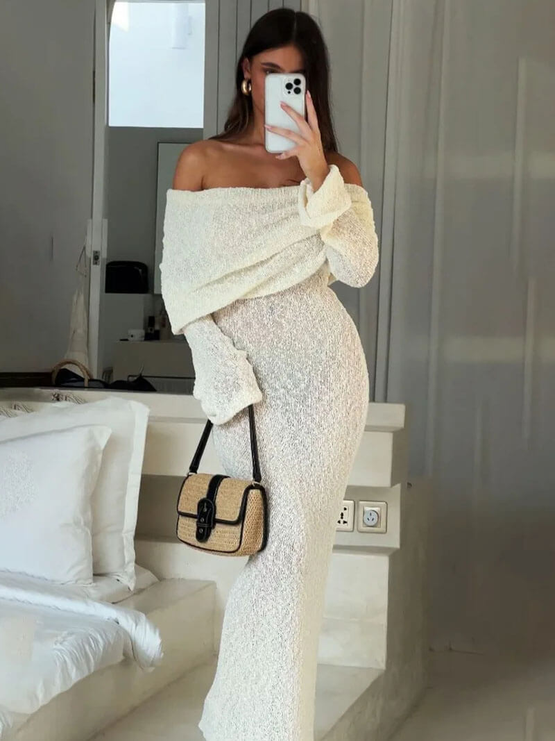 Off Shoulder Maxi Jurk met Lange Mouwen Gebreid