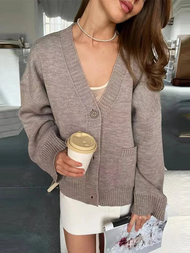 Zachte Gebreide Cardigan Dames Oversized met V Hals Knoopsluiting en Zakken