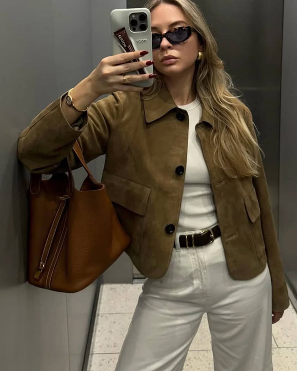 Bruin Dames Leather Look Jack Kort met Knoopsluiting en Zakken