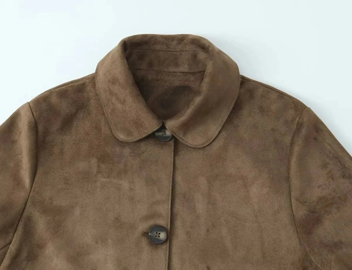 Bruin Dames Leather Look Jack Kort met Knoopsluiting en Zakken