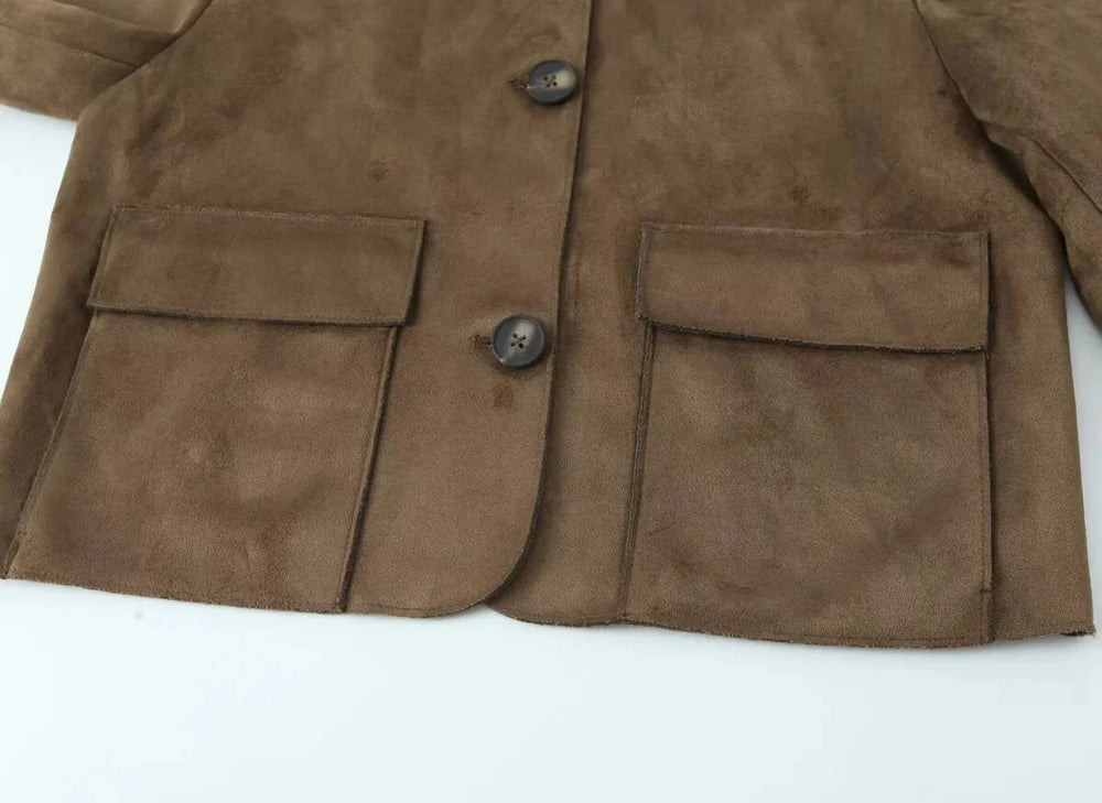 Bruin Dames Leather Look Jack Kort met Knoopsluiting en Zakken